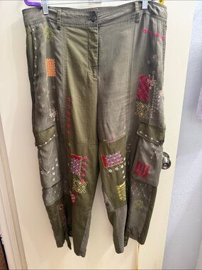 Johnny Was Olive Green Embroidered Wide Leg Cargo Pants by Biya